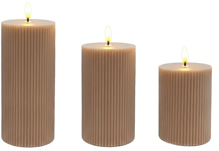 Relaxdays LED-ljus 3-delat set med flimrande lågor, äkta vax, spår, flamlösa, 18 x 7,5 x 7,5 cm, Mocha-Mousse