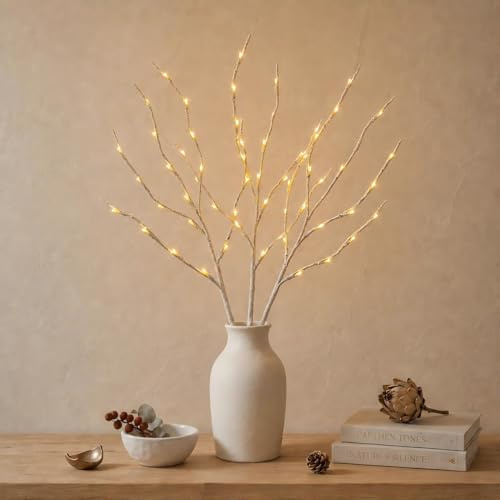 3-Pack White Birch Branch Lights 72cm, 60 LED Beads Warm White with UK Plug | Twig Branches Light with UK Plug Powered, Vase Fillers for Home Indoor Decor (No vase Included)