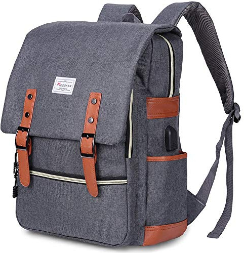 Modoker Mochila vintage para laptop para mujeres y hombres, mochilas de viaje con puerto de carga USB, mochila de moda para laptop de 15.6 pulgadas, gris