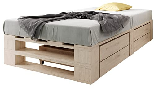 sunnypillow Palettenbett M2 aus Holz 100 x 200 cm mit Lattenrost und 2 Bettkästen. Stabiles Seniorenbett Kinderbett Jugendbett Gästebett erhöhtes Einzelbett Bettgestell Futonbett Komforthöhe Naturholz