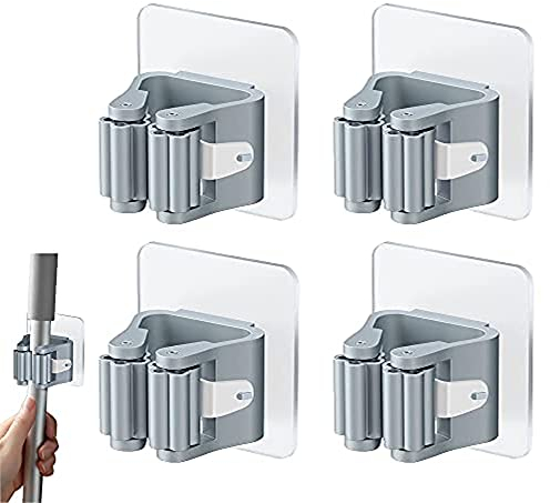 Rifrpha 4 Pezzi Portascope da Muro, Portaspazzole da Parete, Autoadesivo, in Plastica, Supporti Adesivi da Appendere con Ganci per Porta, Bagno (Grigio)