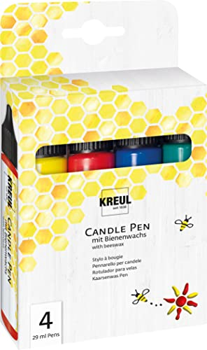 KREUL 49755 - Set di 4 penne per candele, giallo, rosso, blu, verde, 29 ml ciascuna, punta fine per pittura, colori con cera d'api per decorare e dipingere le candele
