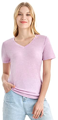 Merino Protect 100% Laine Merinos T-Shirts Femme Col V Manches Courtes sous Vetement Résistance Odeur Couche Base pour Voyage Randonnée Tshirt