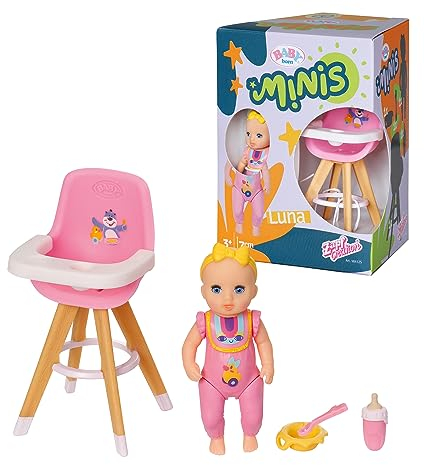 BABY born Minis Hochstuhl-Spielset mit Minis-Puppe Luna, Flasche und Teller, 906125 Zapf Creation