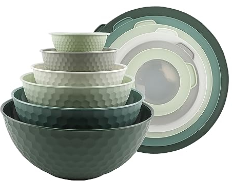 COOK WITH COLOR Mixing Bowls with Lids - 12 Piece Plastic Nesting Bowls Set includes 6 Prep Bowls and 6 Lids, Microwave Safe Mixing Bowl Set, Sage Embossed