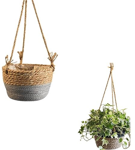 AOKLEY Dekorative Vase Anhänger Blumentopf, Strohblumentopf Hängekorb, hängender hängender Blumentopf, Farbe optional, grüner Pflanzenhängekorb (Farbe: Gold)
