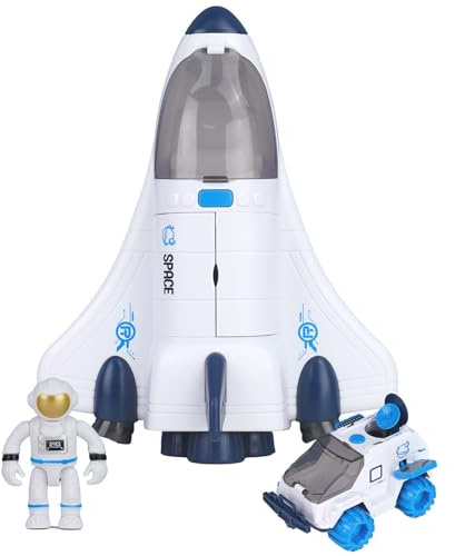 Spaceship Toy Set for Boys Girls, Space Shuttle Toys with Lights & Sound, including 2 Astronauts Figure, 1 Rotating Space Station, 1 Space Rover, Astro Venture Space Playset 10 Pcs (Blue) (White)