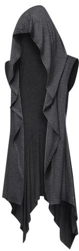 Runcati Chaqueta con volantes para hombre con capucha larga, sin mangas, con cuello de bufanda, drapeada, de un solo color, ligera, manto tipo capa, gris oscuro, L