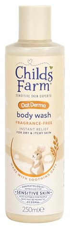 Childs Farm OatDerma, bagnoschiuma, senza profumo, gel doccia lenitivo per il viso, sapone per la pelle sensibile, per bambini, 250 ml