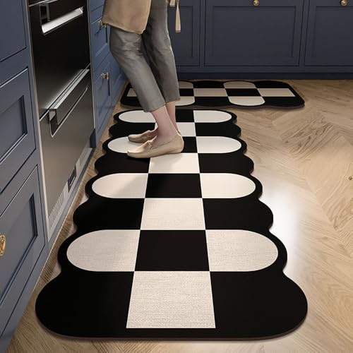 Hixingo Cuisine Antidérapant, 1 Pièce Rétro Absorbant Diatomite Tapis Lavable (50x150cm, Blanc Noir)