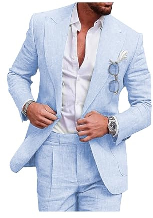 Conjunto de traje de lino para hombre, esmoquin casual de 2 piezas, ajuste regular, blazer, chaqueta de lino de un botón y pantalones, graduación, boda, cena, azul celeste, 48