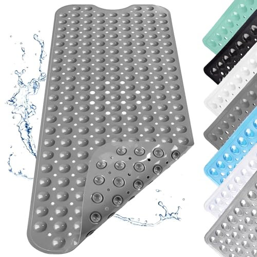 Tapis de Douche Antidérapant, 100x40cm avec Ventouses, Tapis de Bain Antidérapant Long, Tapis de Douche avec Trous D'évacuation, Doux sur Les Pieds Tapis de Douche Antidérapant, Gris