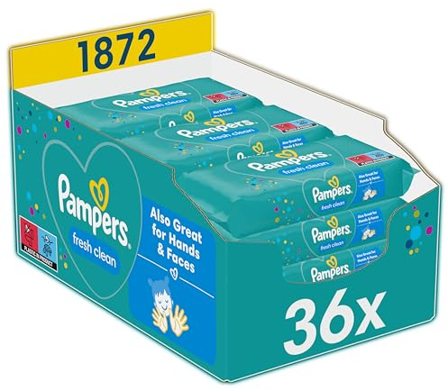 Pampers Fresh Clean Feuchttücher, 1872 Feuchttücher (36x52 Stück), milder Duft, auch für Hände und Gesicht geeignet