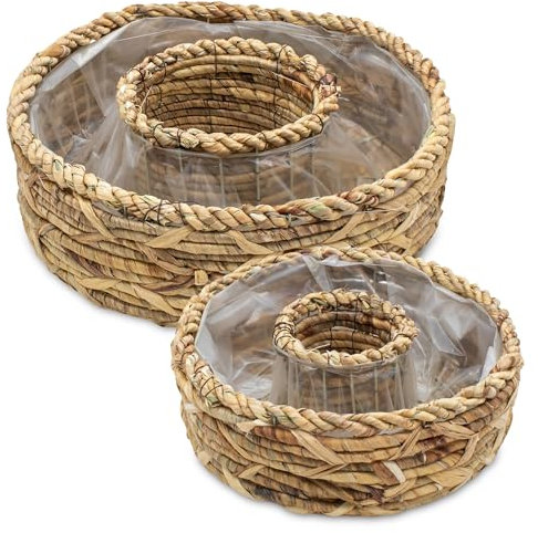 Lot de 2 anneaux de plantation en jacinthe d'eau avec film plastique - 36/30 cm - En fibre naturelle - Jardinière à planter directement - Décoration de jardin - Pot de fleurs - Panier à plantes