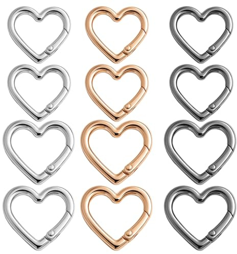 12pcs Heart Shape Carabiner Clips,Heart Carabiner Clip,Alloy Mini Carabiners,2 Sizes Hearts Keychains for Hiking Backpack,Car Charms,Purse Bling（Gold,Silver,Black）