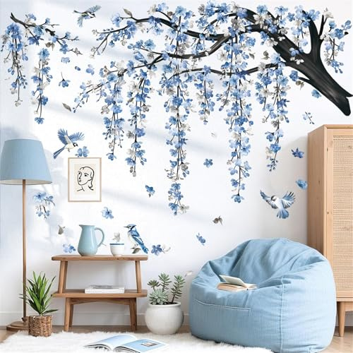 decalmile Stickers Muraux Grand Branche de Fleurs Bleu Autocollant Mural Floral Bleues Aquarelle Arbre Oiseaux Décoration Murale Chambre Fille Salon Mur TV Bureau