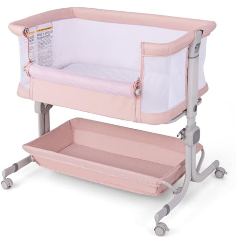 FANTASK 3 in 1 Beistellbett mit Matratze, Mobiles BabyBett 6 Fach höhenverstellbar, tragbarer Reisebett Baby mit Aufbewahrungskorb & Tragetasche für Baby bis 6 Monaten (Rosa)
