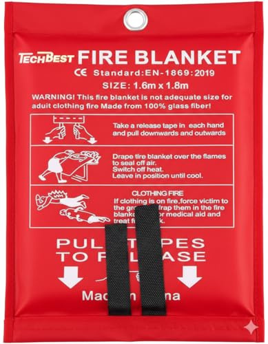 TechBest Manta ignífuga de cocina 160 x 180 fibra de vidrio DIN EN 1869:2019. Manta ignífuga para el coche, escuela, chimenea, barbacoa, oficina, garaje, soldadura, almacén. 1 paquete.