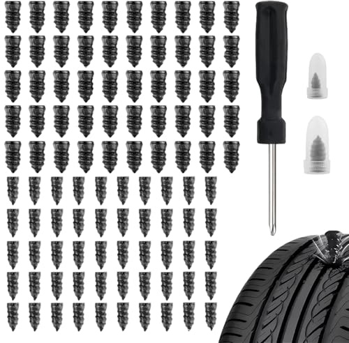 Däckreparation gummigelkit 100 st 2 storlekar slitstark skruv i däckpluggar med skruvmejsel, universell punkteringsreparationssats för bil, motorcykel, lastbil och elunderhåll
