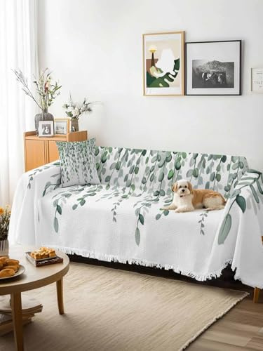 Green Eucalyptus Leaves Sofa Cover Blanket Couch Covers for Armchair Cushion,Couch Sofa Silpcover with Tassel,Summer Botanical Weeping Watercolor Living Room Throw Towel Blanket Covers XX-L 71x150