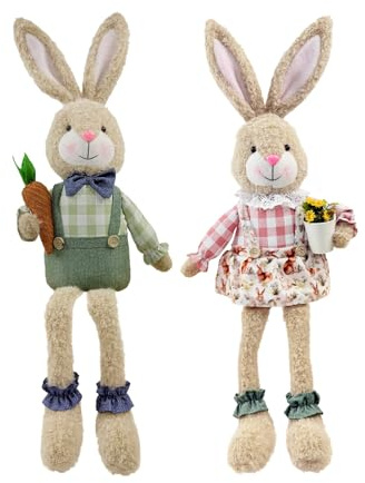 2 Piezas Parejas de Conejitos de Pascua - 59cm Decor de peluche de conejo de Pascua | Estatua de Conejo Simulada con Patas Largas, Ccesta de Flor y Zanahoria para Recuerdo de , Relleno de Pascue