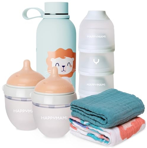 Happymami Coffret Cadeau Naissance Premium - Set d'Allaitement Complet : 2 Biberons Anti-colique, Therme en Acier Inoxydable, Doseur de Lait et 2 Langes en Coton - Kit Bébé Voyage et Maison