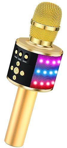 BONAOK Karaoke Microphone for Kids & Adults - Bluetooth Microphones Singing Mic with Disco Lights, Echo Effect, Built-in Speaker Portable Karaoke Player for Party Travel Gifts Q78(Gold)