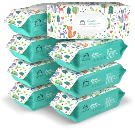 Amazon Brand - Mama Bear Gentle Formulated without Fragrance Baby Wipes, Hypoallergenic, Sensitive Skin, Unscented, 800 Count (8 Packs of 100)
