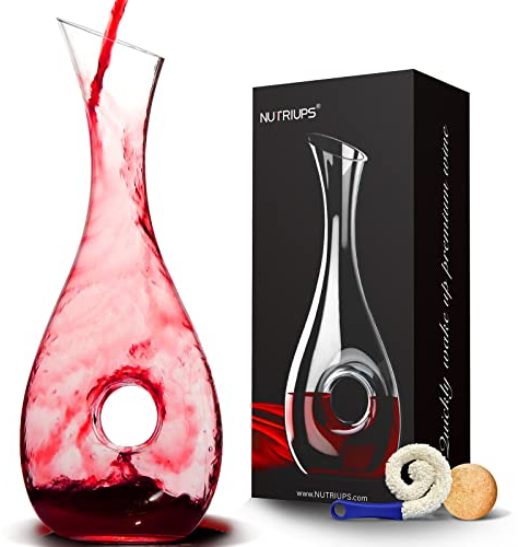 NUTRIUPS Jarra de Vino, 1,2L Decantador de Vino, Jarra de Vino Sin Plomo, Jarra de Vino Tinto, Decantador Vino Cristal, Decantador Para Vino, Decantador de Vino con Forma de Círculo Hueco (Derecho)