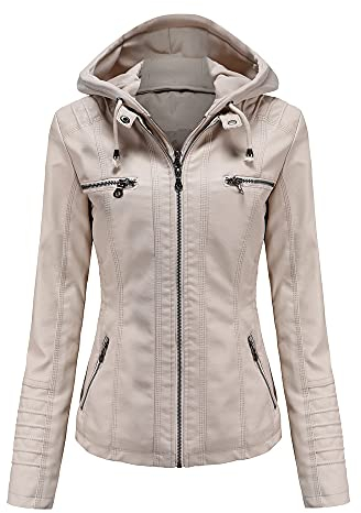 E-girl Damen Elfenbein Lederjacke Schlank Kurz Kunstleder Kapuze Jacket Reißverschluss Motorrad Jacke für Frühling und Herbst,M,C6699N