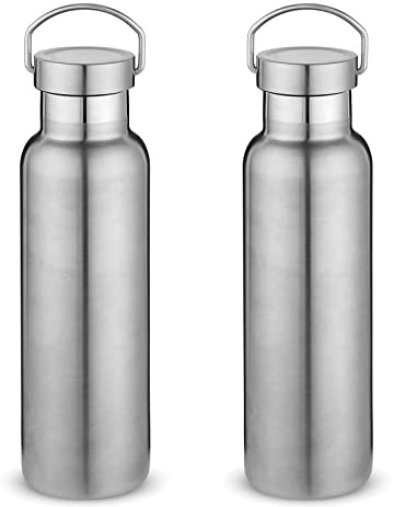 Volhoply 600ml isolerade vattenflaskor två paket, rostfritt stål dubbelväggig sportflaska med handtagslock, metall återanvändbar med kopplock för skola, vandrare, gåva