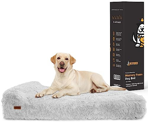 KOPEKS Orthopedic Memory Foam Dog Bed 7 Inch Thick Extra Large Dog Bed with Pillow Fluffy Grey 50x34x10 Includes Waterproof Liner & Durable Removable Cover with Smart Design