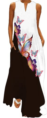 ticticlily Vestido Verano Mujer Largo Maxi Vestidos de Casual Playa Fiesta Vestido sin Manga Cuello V Estampado Floral Boho Vestido con Bolsillo Swing Suelto Talla Grande Multicolor 1 5XL