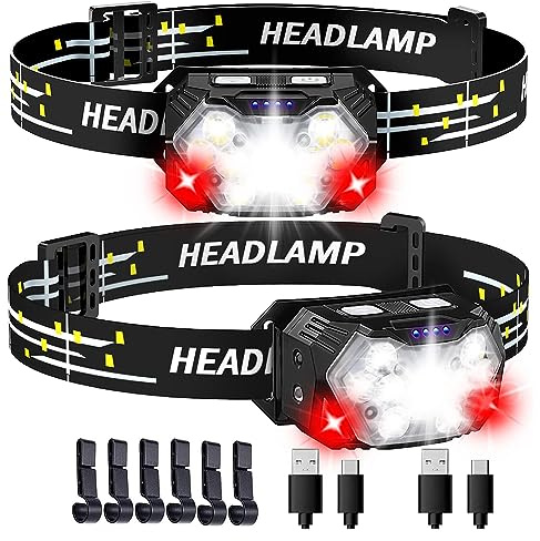 SENDALE Lampe frontale LED rechargeable,5000 lumens,9 LED,Fonctionne avec piles,Avec lumière rouge et capteur de mouvement,7 modes d'éclairage,Étanche IPX6, l'entretien, la pêche (2)