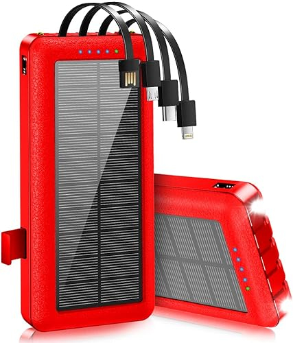 Portable Charger with Built in Cables Solar Power Bank 26800mAh Fast Charging with Phone Holder LED Flashlights External Battery Pack for iPhone Samsung