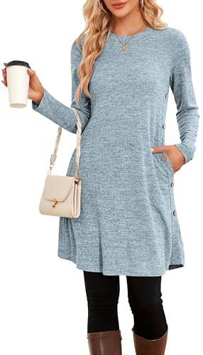 NARRAME Vestido Tipo Jersey para Mujer, Primavera y otoño, Manga Larga, Botones Informales, Vestidos Laterales para Mujer con Bolsillos, Grande, Azul Claro
