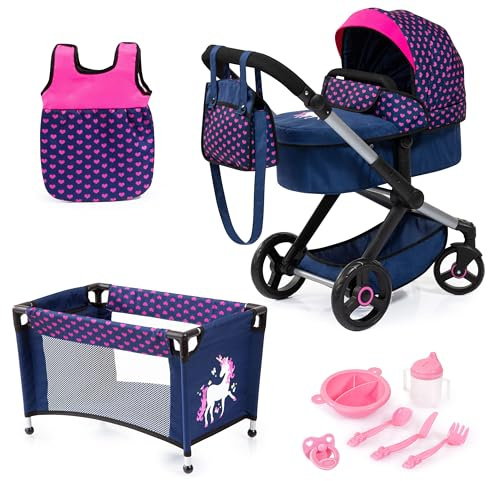 Bayer Design 17054AB Dolls pram XEO, doll stroller, carriage pram with bed, bag, sleeping bag, accessories, Blue, Unicorn