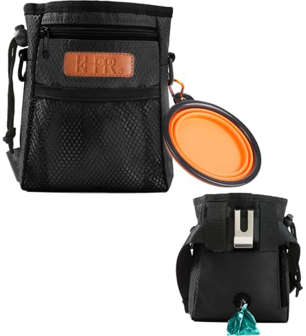KHPR Dog Treat Training Pouch Easily Carries Pet Toys Kibble, Treats Built-in Poop Bag Dispenser 3 Ways to Wear Comes with a Foldable Silicone Bowl (Black)