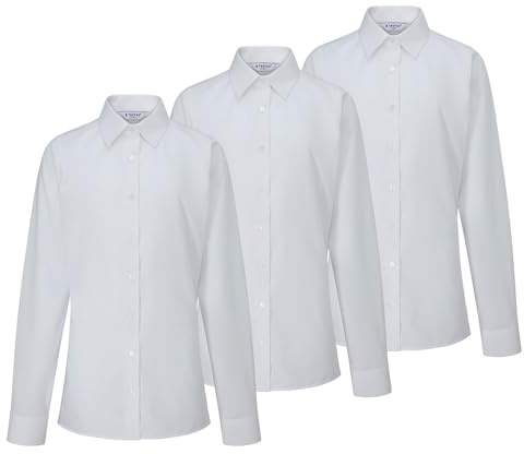 Trutex Girl's 3 Pack Long Sleeve White School Blouses for Girls (7-16+ Years). Regular Fit, Smart Casual, Wrinkle Free, School Uniform