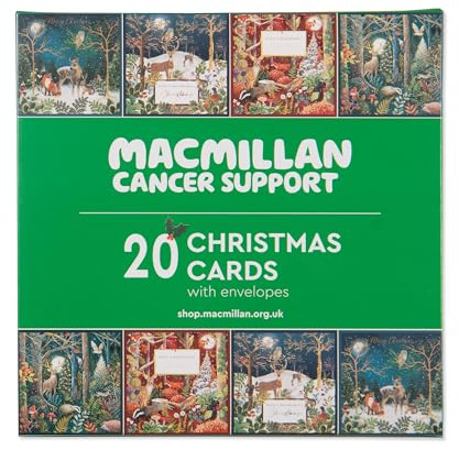 Macmillan Festive Forests Charity Christmas Cards – Pack of 20 Luxury and Eco-Friendly Christmas Cards. Boxed Multipack of 4 Seasonal Christmas Designs. 127x127mm Card Size.