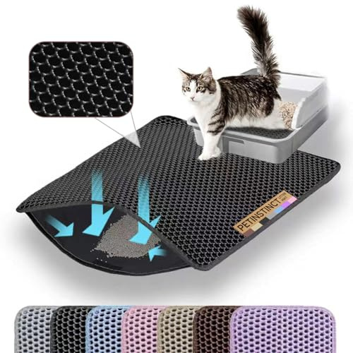 Petinstinct Tappetino Lettiera Gatto 60x45cm, Grande a Doppio Strato a Nido d’Ape, Antiscivolo Impermeabile Antipioggia, Tappeto Lettiera per Pavimento, Accessori Gatto, Nero