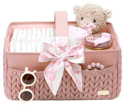 LUKJOJO Nappy Organiser Storage Caddy, Portable Nursery Storage Basket For Newborn Essentials, Baby Shower Gifts Basket For Changing Table (Dusty Rose)