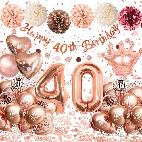 Decoration Anniversaire 40 Ans Or Rose, Ballon 40 Ans Anniversaire Femme avec Ballons en Aluminium Cœurs et Couronnes, Bannière Happy 40th Birthday,Pompons,Deco Anniversaire 40 Ans pour Femme