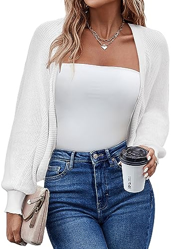 Hotouch Cardigan Donna Maglione Corto Cerniera Leggero Giacca in Maglia Elegante Golfino a Maniche Lunghe Aperta Casual per Autunno Invernale Matrimonio Bolero Bianco M
