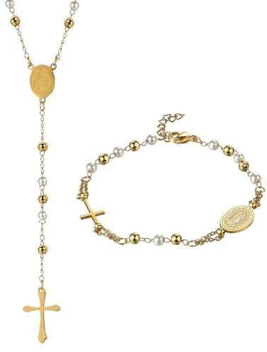 Flongo 2 Stücke Rosenkranz Armband Halskette: Schmuck Set mit Kreuz Anhänger Katholische Jungfrau Maria Gold Weiß Rosenkranz Edelstahl Verstellbares Armkette Kette Religiöser Schutz Virgin Mary
