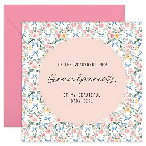 Baby Announcement Card – New Grandparents – Gifts for Grandpa, Grandma, Grandfather, Nan, Nanny, Mum, Dad - It's A Girl, Floral Design Congratulations - Comes with Stickers