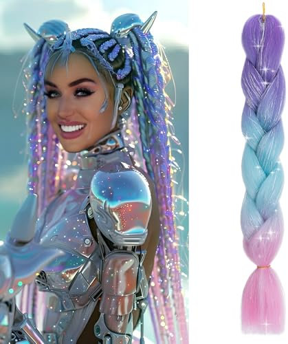 Benehair Pelo para Trenzas Africanas 60cm Jumbo Extensiones Pelo para Trenzas Africanas Sintético Braiding Extensiones Para Ganchillo Trenzado de Extensiones Lila-Azul cielo-Rosa