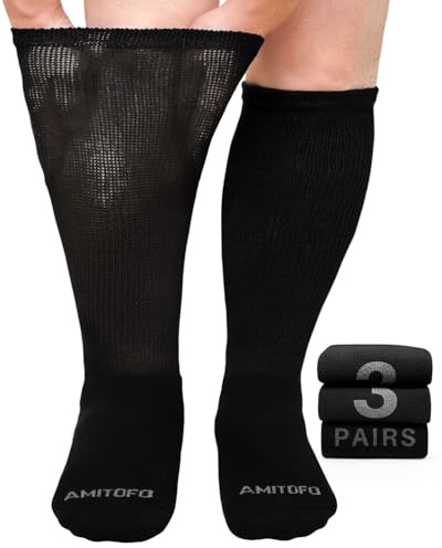 ZFSOCK Chaussettes Diabétiques Homme Femme: Chaussettes Hautes en Bambou Sans Elastique Sans Couture Non Comprimantes avec Semelle Rembourrée Pour Pieds Gonflés Enceinte et âgé - Noir 3 Paires 43-46