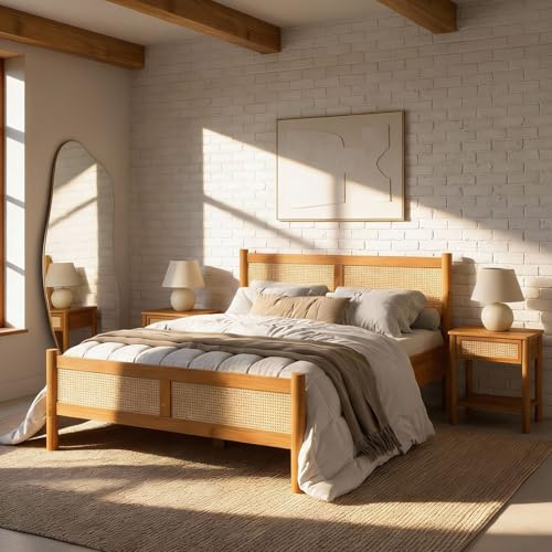 IDIMEX Lit Double 140 x 190 cm CEFIRA, Couleur Chêne, Tête et Pied de Lit en Rotin Tressé pour Ambiance Naturelle et Chaleureuse, Dimensions 148 x 95 x 198 cm, Idéal pour Chambre à Coucher