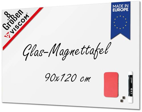 VISCOM Glas-Magnettafel - 90 x 120 cm in reinem Weiß - rahmenlose Magnetwand - Memoboard magnetisch, beschreibbar & trocken abwischbar - inkl. Magnete, Stift, Tafellöscher
